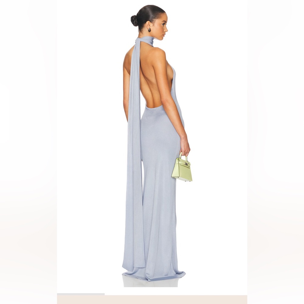 NWT HELSA Novie Maxi Knit Dress light blue high neck low back sexy dress SMALL